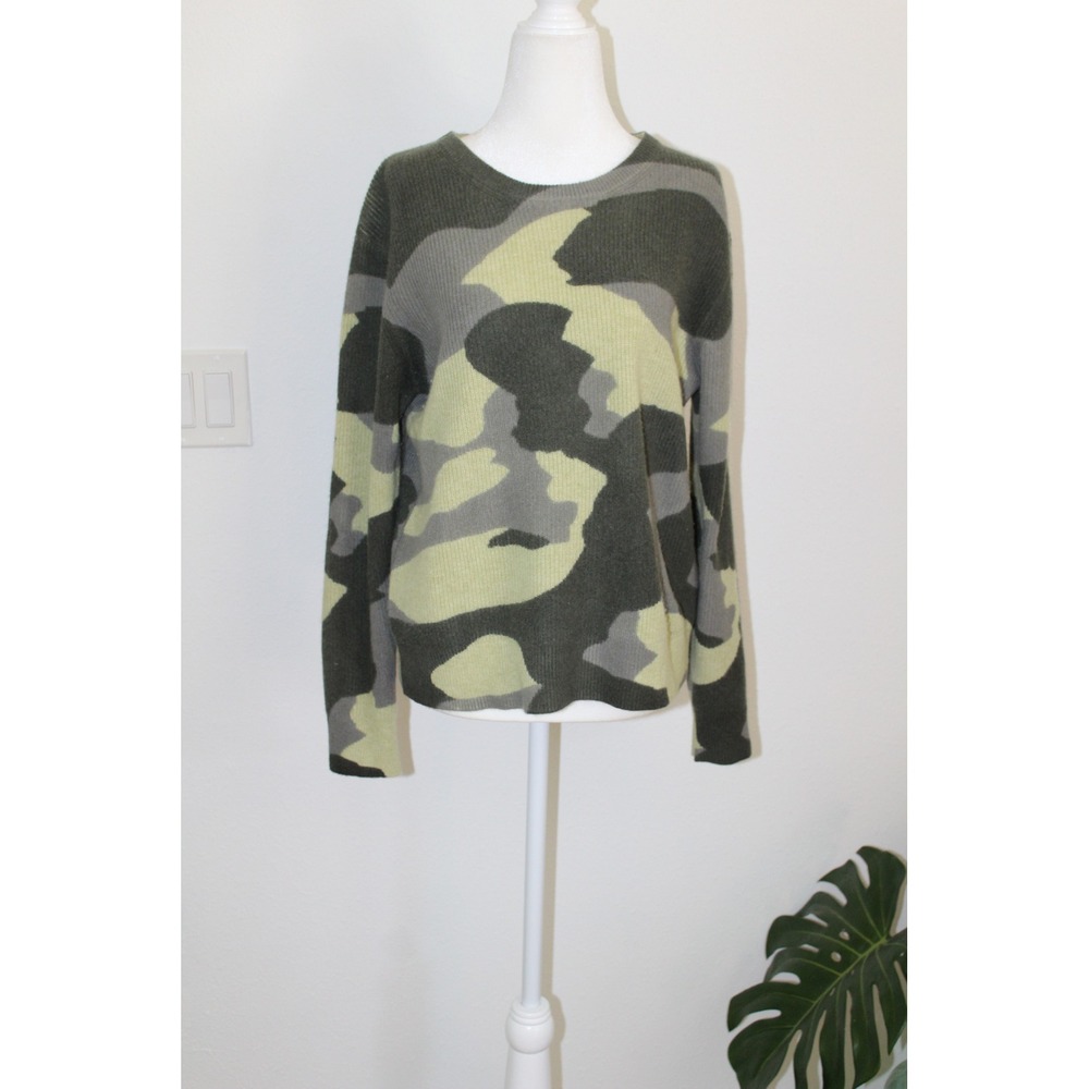 The Cashmere Project Women's Camo Crew Neck Ribbed 100% Cashmere Sweater Green S